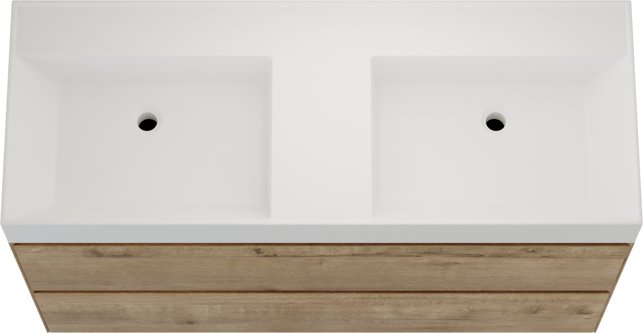 Balmani Mitra Compact zwevend badkamermeubel 120 x 46 cm ruwe eik met Argila dubbele wastafel in composietmarmer mat wit