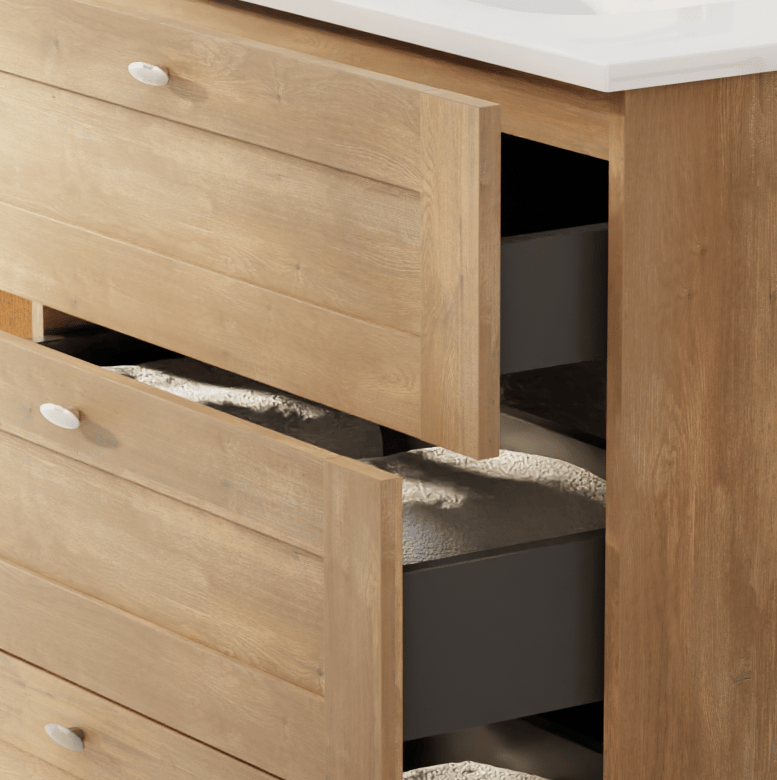 Linie Classo stehender Waschbeckenunterschrank: 80 x 46 cm, Eiche Natur, 3 Schubladen
