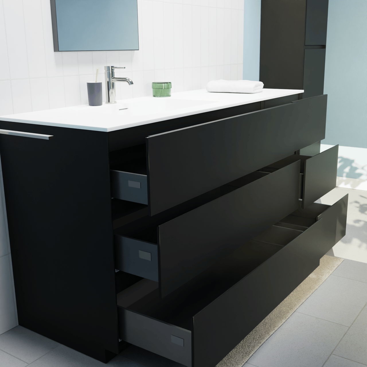 Storke Edge freistehendes Möbelstück Set: 150 x 52 cm, Schwarz matt, mit Mata Waschtisch links, Solid Surface Weiß matt