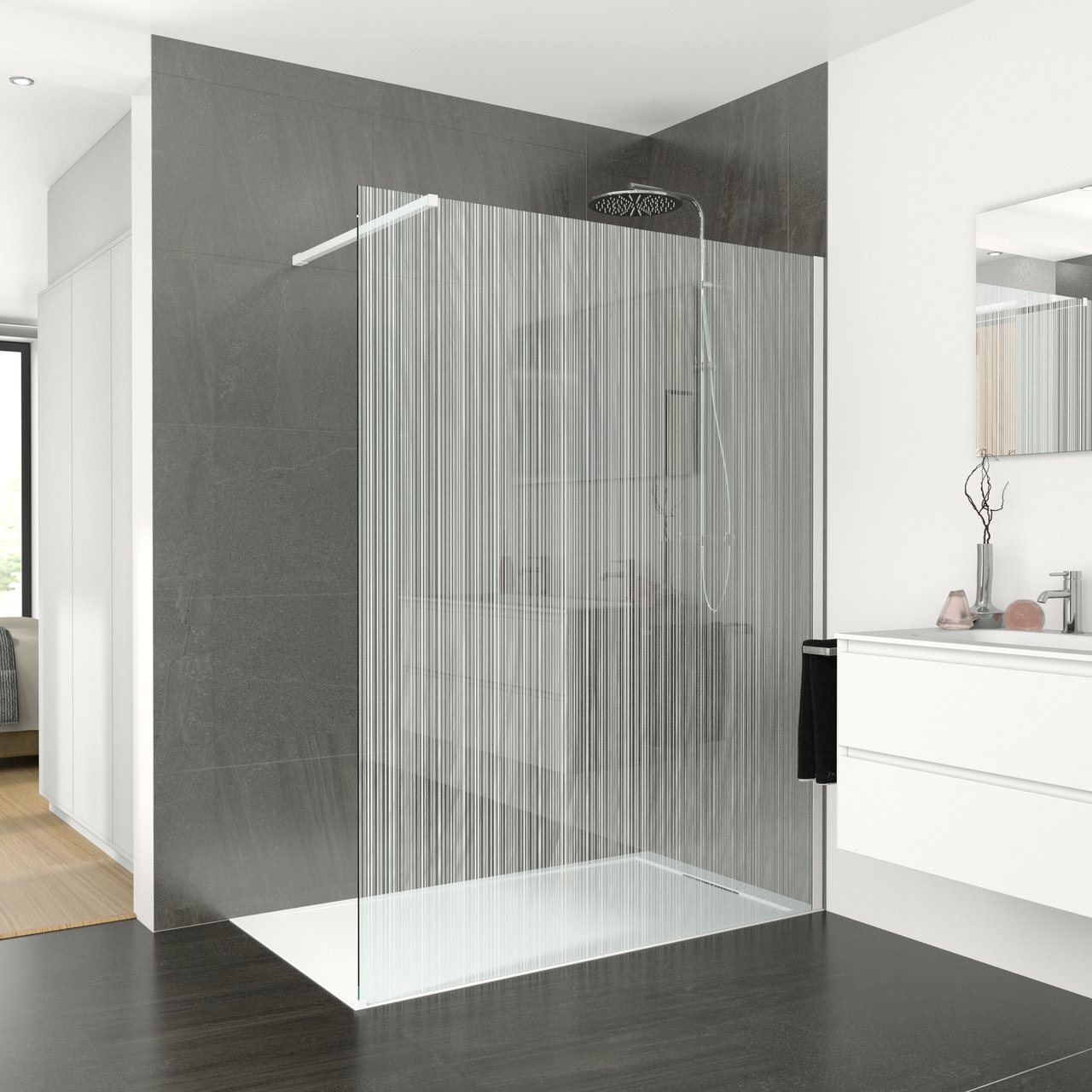 Balmani BMSS douche à l'italienne 140 x 200 cm verre code barre blanc profil blanc mat