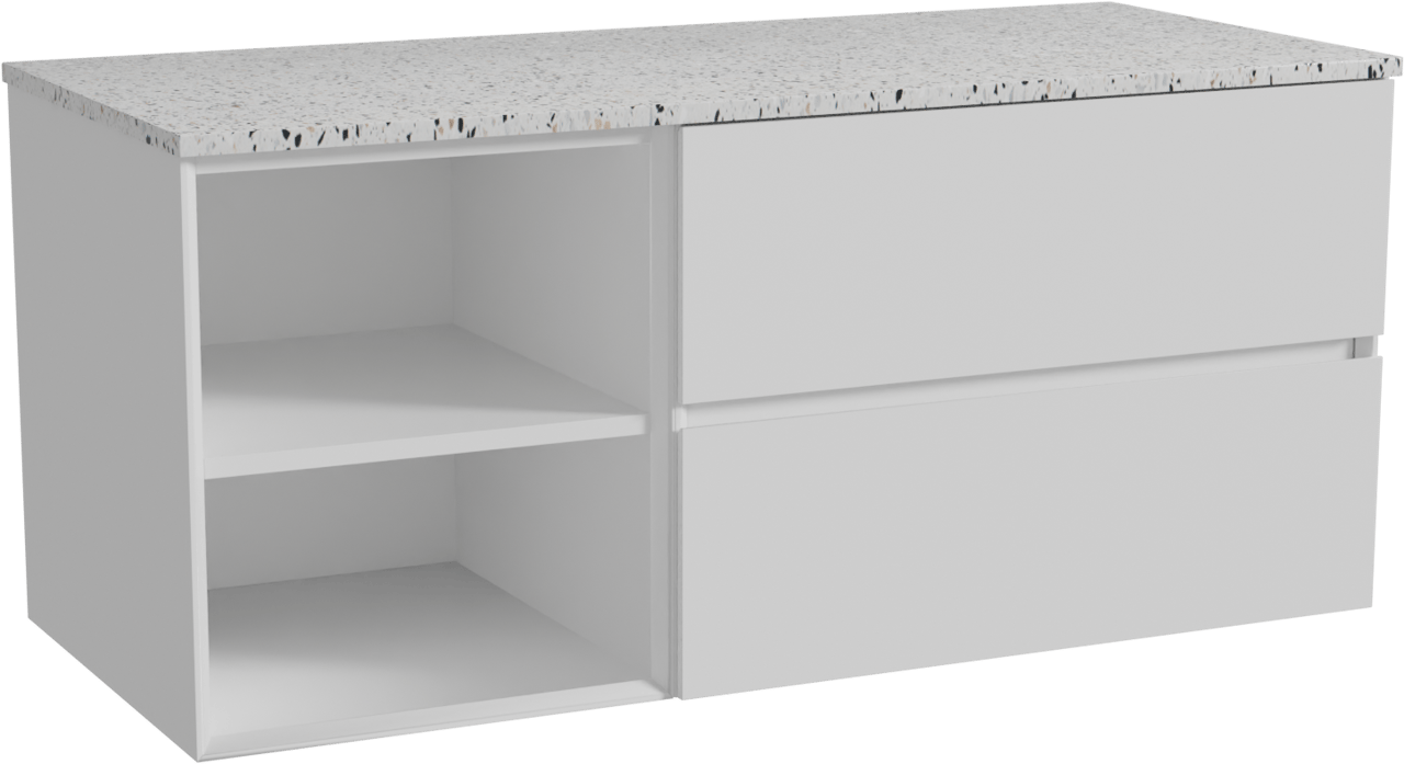 Storke Edge hängendes Möbelstück Set: 120 x 52 cm, Weiß matt, mit Tavola Einzel- oder Doppel Waschtischplatte, Terrazzo in Weiß/Schwarz matt