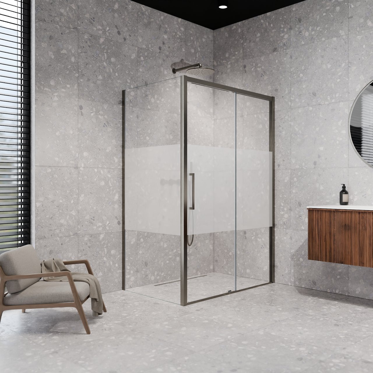 Balmani Senses Design Eckdusche: Schiebetür (Rechts) mit fixierte Seitenwand, 140 x 90 cm, Klarglas mit mattiertem Streifen, Profil Brushed GunMetal