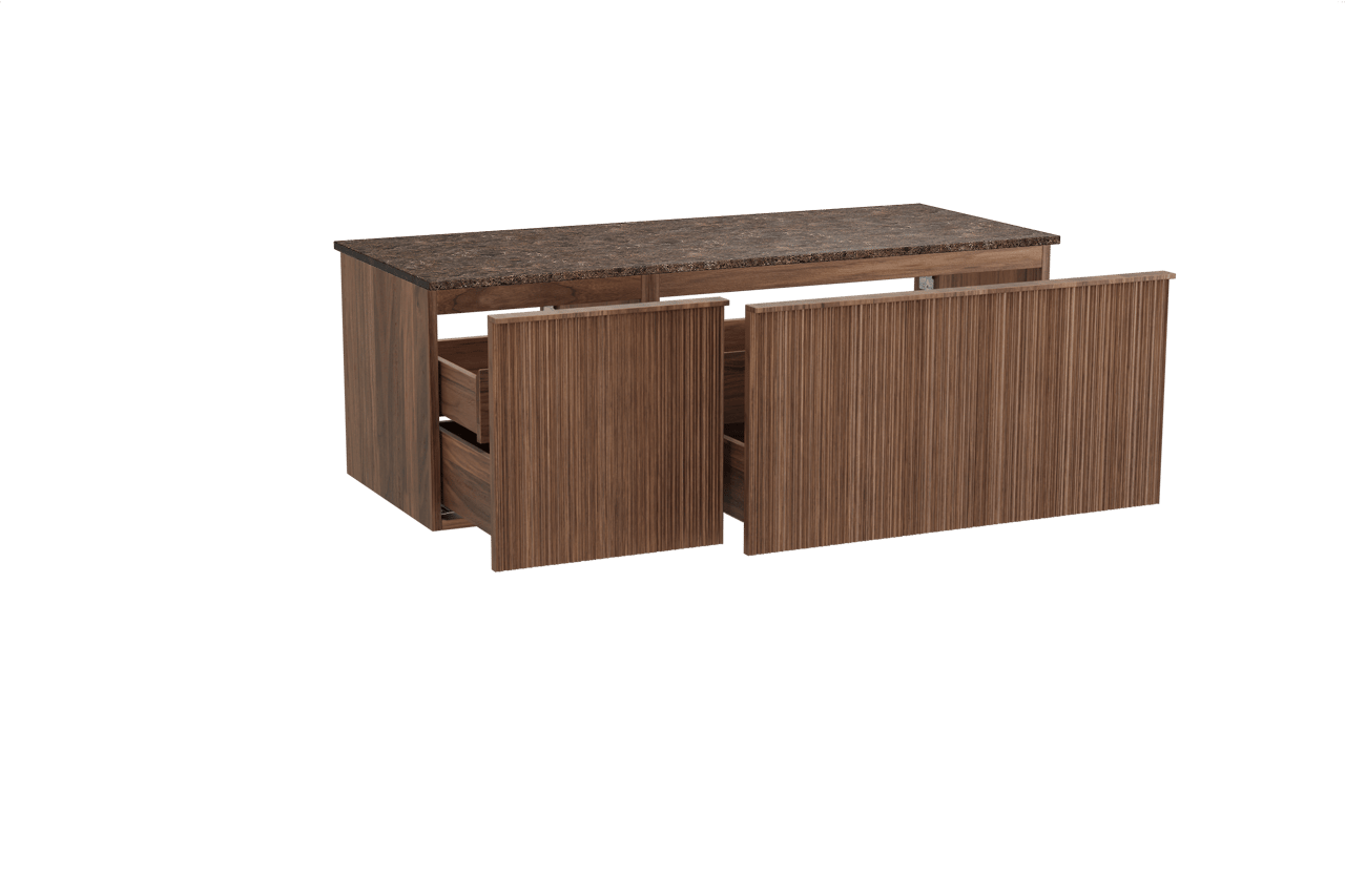 Balmani Forma zwevend badmeubel 135 x 55 cm amerikaans notenhout met Stretto enkel of dubbel wastafelblad in marmer dark emperador, Verticale asymmetrische ronde ribbel