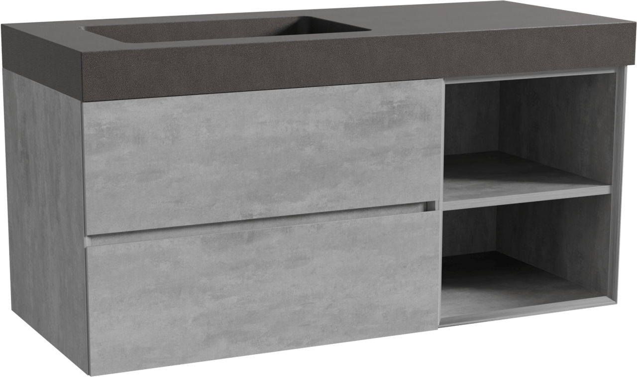 Storke Edge meuble salle de bains suspendu 120 x 52 cm béton gris foncé avec Scuro High plan vasque asymétrique à gauche en quartz noir mat