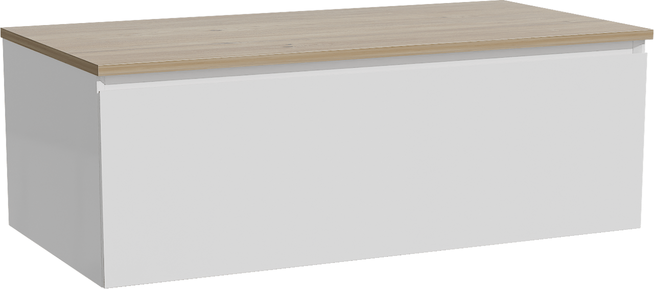 Storke Edge hängendes Möbelstück Set: 105 x 52 cm, Weiß glänzend, mit Panton Einzel Waschtischplatte, Melamin Rohe Eiche