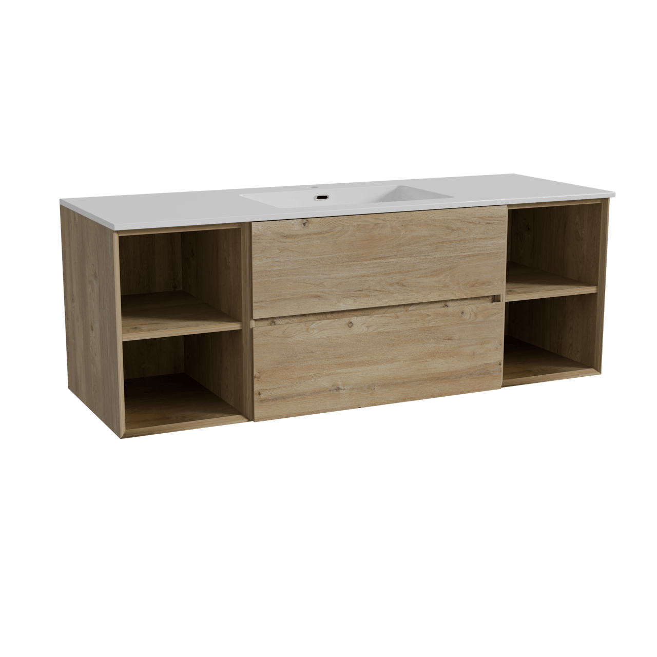Storke Edge zwevend badkamermeubel 145 x 52 cm ruwe eik met Diva enkele wastafel in composietmarmer glanzend wit
