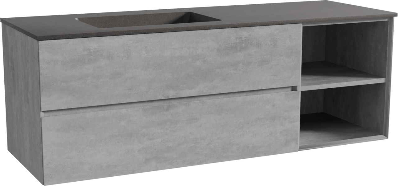 Storke Edge zwevend badmeubel 150 x 52 cm beton donkergrijs met Scuro asymmetrisch linkse wastafel in kwarts mat zwart