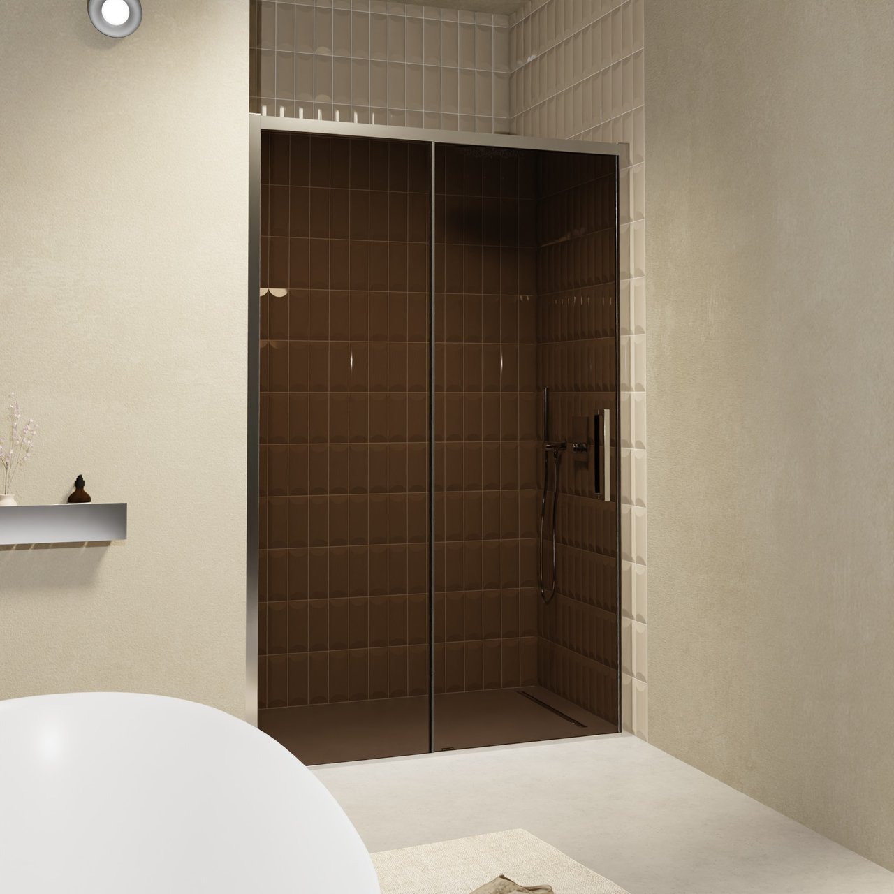 Balmani Senses Design douche schuifdeur omkeerbaar 160 cm x 210 cm Brons glas, Chroom profielen, met coating