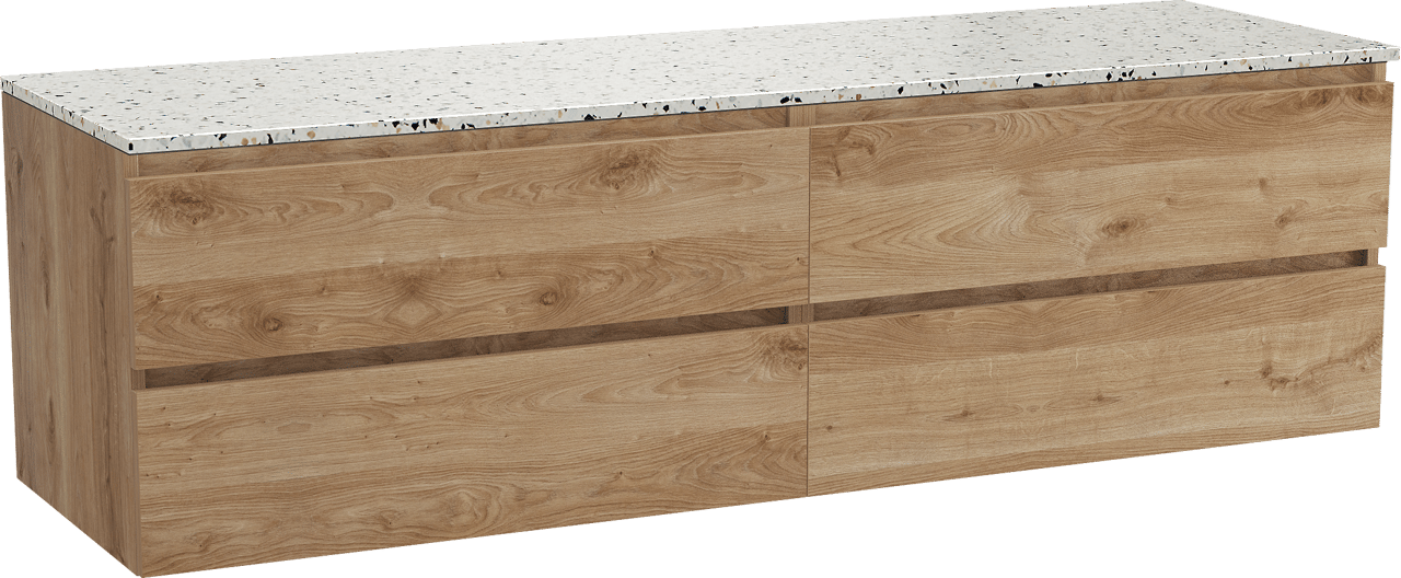 Balmani Lucida meuble salle de bains suspendu 180 x 55 cm chêne brut avec Stretto tablette simple ou double en blanc/noir mat terrazzo