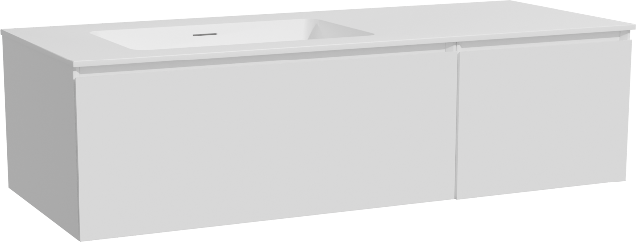 Storke Edge hängendes Möbelstück Set: 130 x 52 cm, Weiß glänzend, mit Mata Waschtisch links, Solid Surface Weiß matt