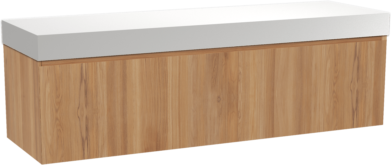 Balmani Idra by Mitra zwevend badkamermeubel 180 x 55 cm teak met Dominus enkel of dubbel tablet in solid surface mat wit