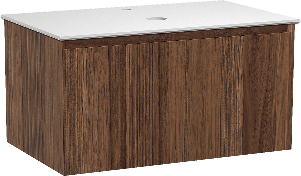 Balmani Idra by Mitra meuble salle de bains suspendu 90 x 55 cm noyer avec Facetta tablette simple en solid surface blanc mat