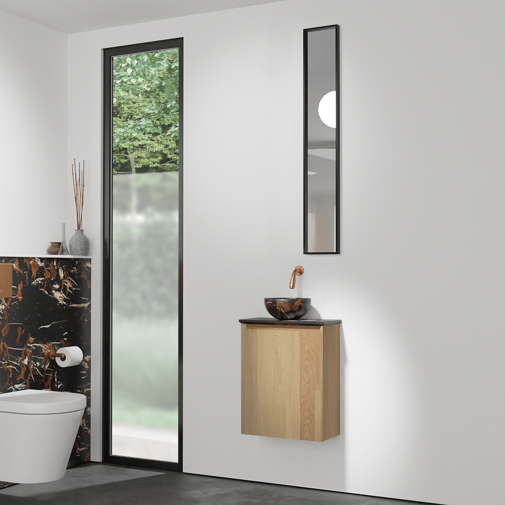 Balmani Mitra meuble wc suspendu 42 x 21 cm chêne naturel avec Facetta tablette et Bari XS vaque à poser en marbre Portoro Gold