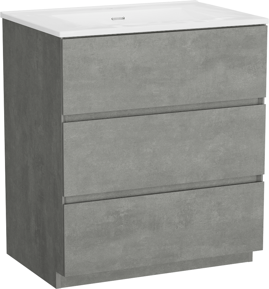 Storke Edge freistehendes Möbelstück Set: 75 x 52 cm, Beton dunkelgrau, mit Kera Einzelwaschtisch, Porzellan Weiß glänzend, inklusive Ablaufventil