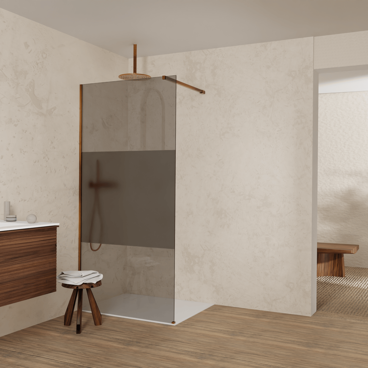 Balmani Modular inloopdouche: 100 x 200 cm, Rookglas met matte strook, Brushed Rosegold profielen