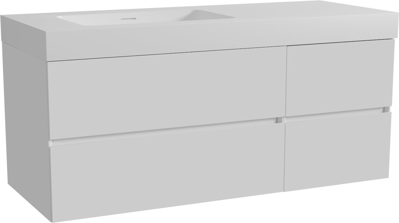Storke Edge hängendes Möbelstück Set: 130 x 52 cm, Weiß glänzend, mit Mata High Waschtisch links, Solid Surface Weiß matt