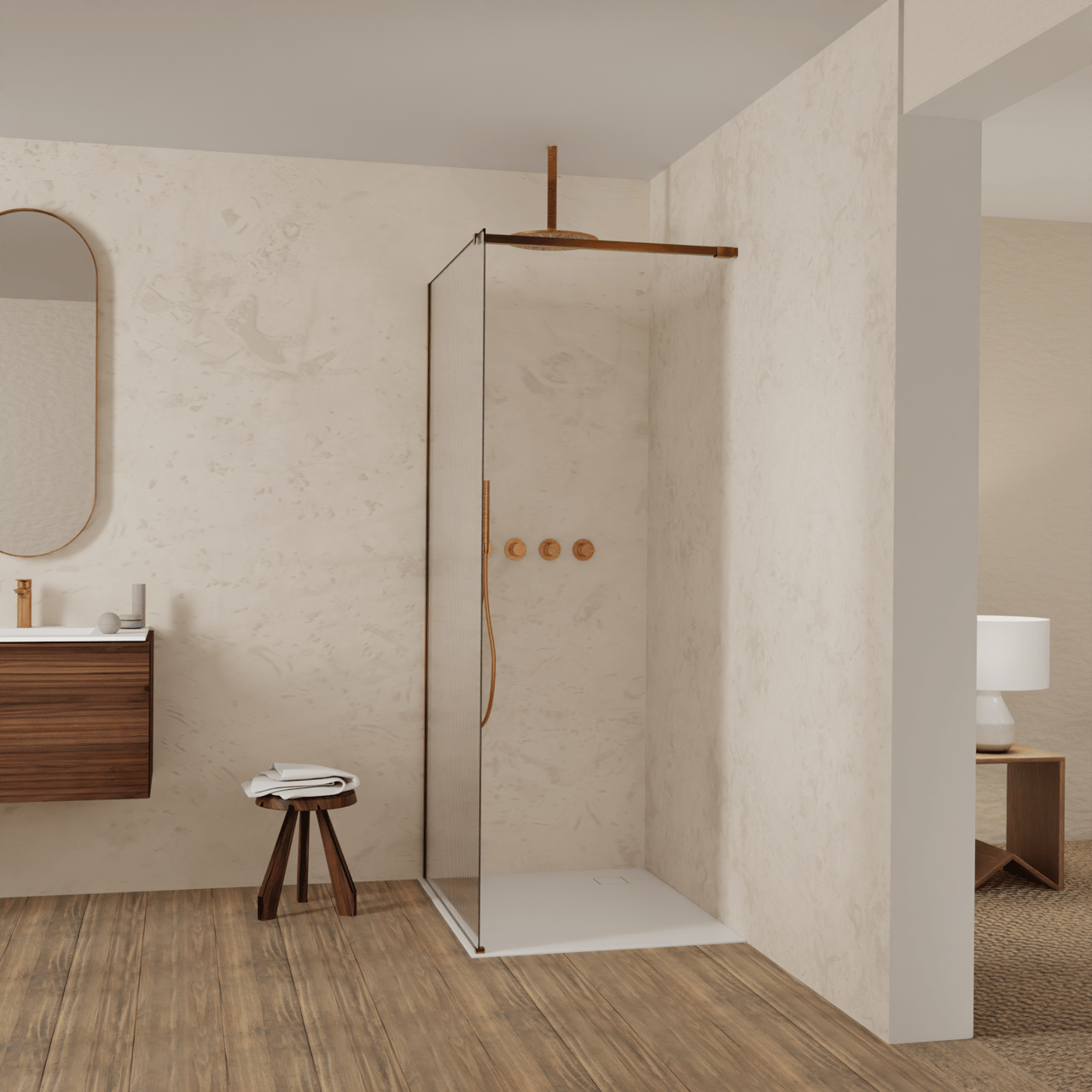 Balmani Modular Walk-In Dusche: 100 x 200 cm, Ribs, inklusive Coating, Profil Brushed Rosegold