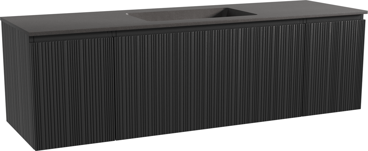 Storke Ribs hängendes Möbelstück Set: 165 x 52 cm, Schwarze Eiche, mit Scuro Einzelwaschtisch, Quarz, Schwarz matt, Vertikale asymmetrische gerade Rippe