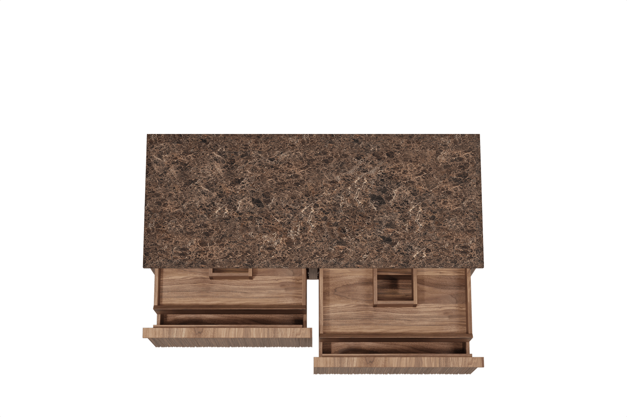 Balmani Forma zwevend badkamermeubel 135 x 55 cm amerikaanse notelaar met Stretto enkel of dubbel tablet in marmer dark emperador, Verticale asymmetrische ronde ribbel