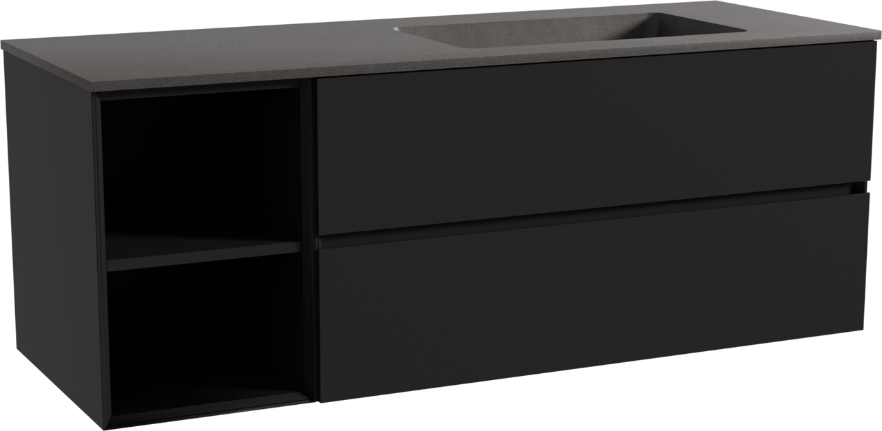 Storke Edge zwevend badmeubel 140 x 52 cm mat zwart met Scuro asymmetrisch rechtse wastafel in kwarts mat zwart
