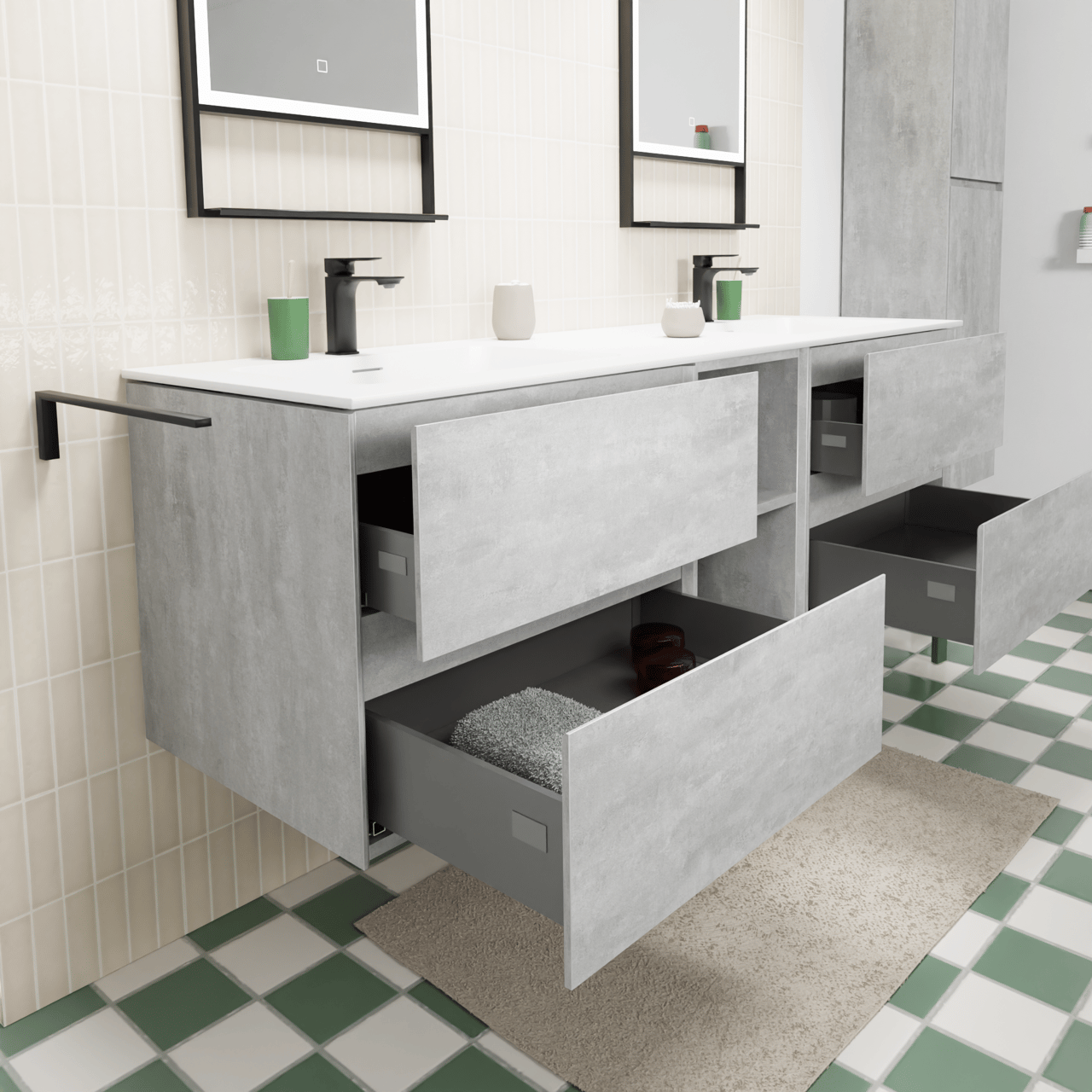 Storke Edge zwevend badkamermeubel 165 x 52 cm beton donkergrijs met Mata dubbele wastafel in solid surface mat wit