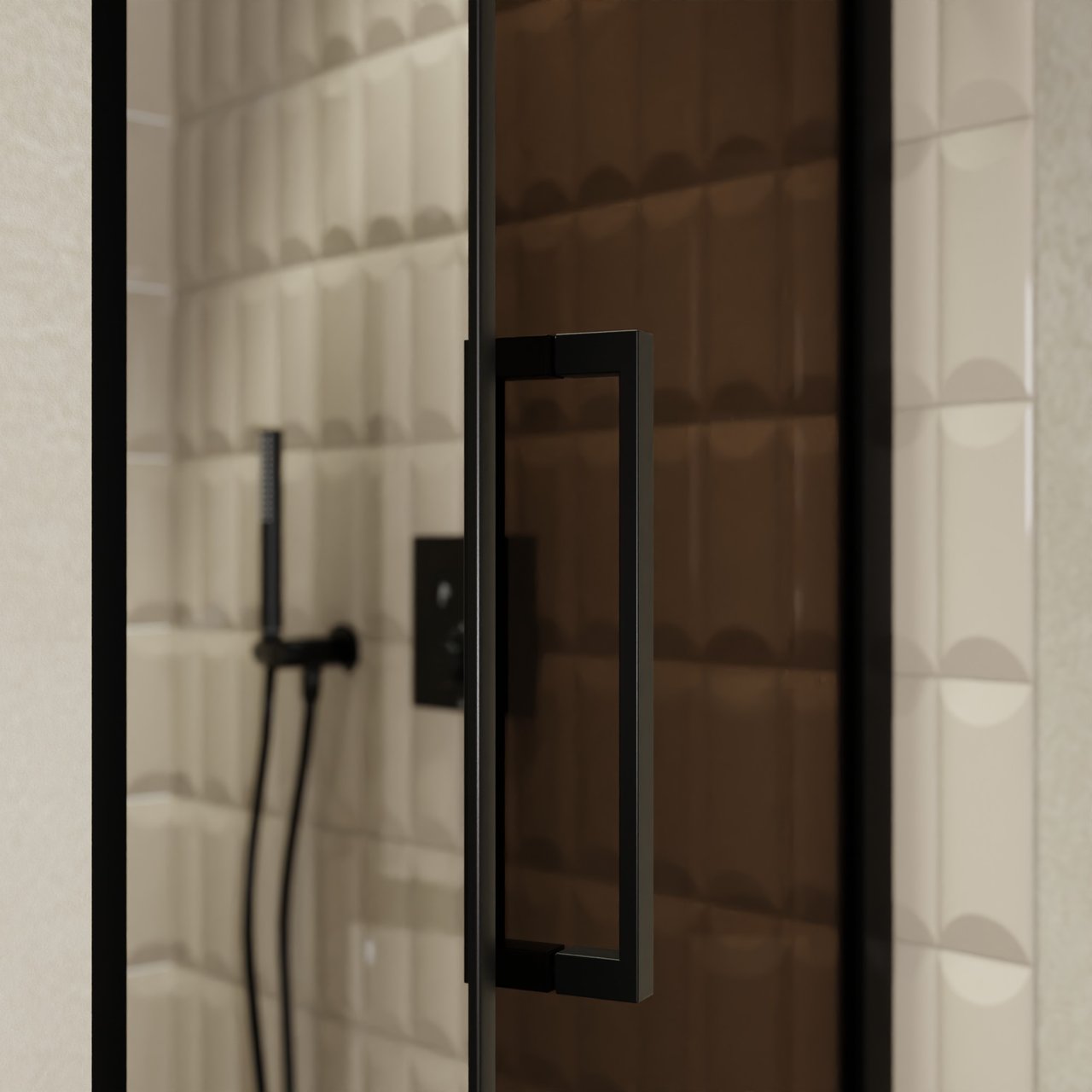 Balmani Senses Design douche draaideur rechts 90 cm x 210 cm Brons glas, Zwarte profielen, met coating