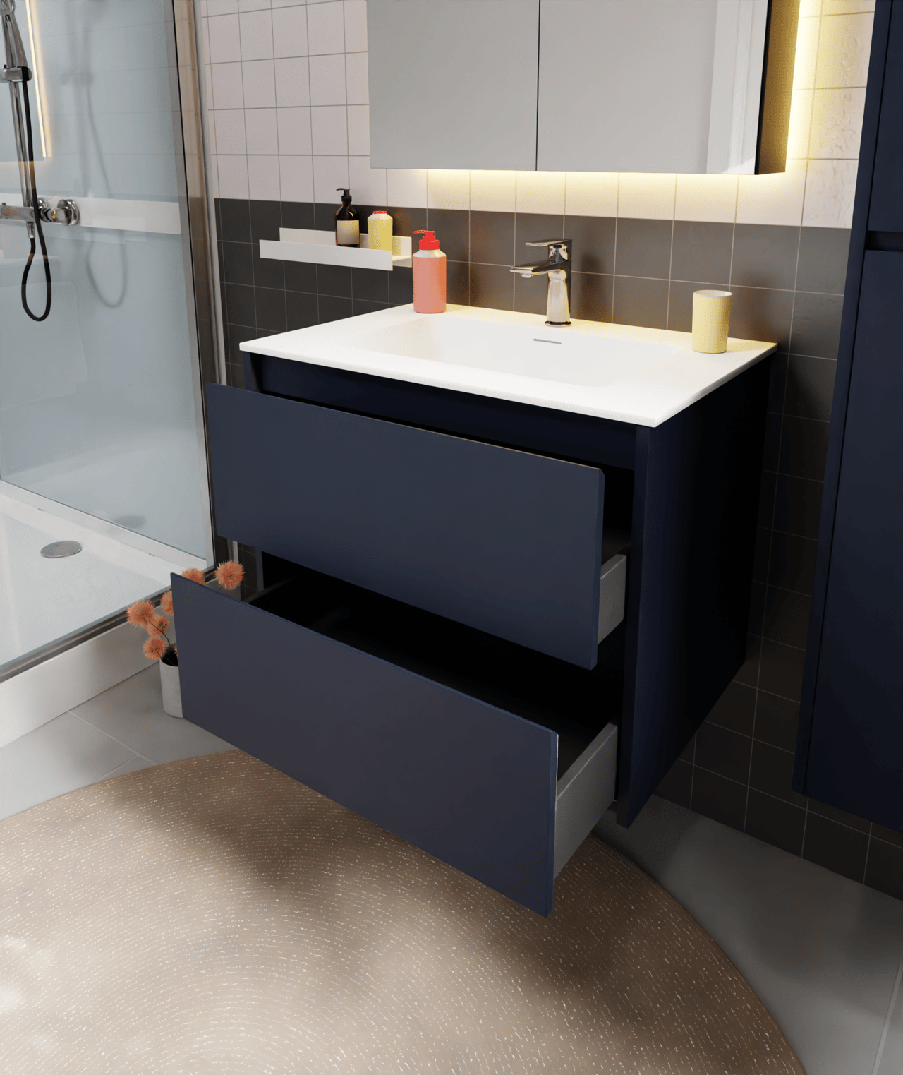 Storke Seda hängender Waschbeckenunterschrank: 75 x 52 cm, Nachtblau, 2 Schubladen