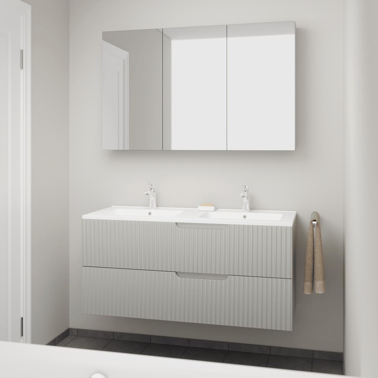 Linie Ribbo hängendes Möbelstück Set: 120 x 46 cm, Greige, mit Vano Doppelwaschtisch, Marmorkomposit, Weiß matt, Vertikale symmetrische runde Rippe und Montro Spiegelschrank