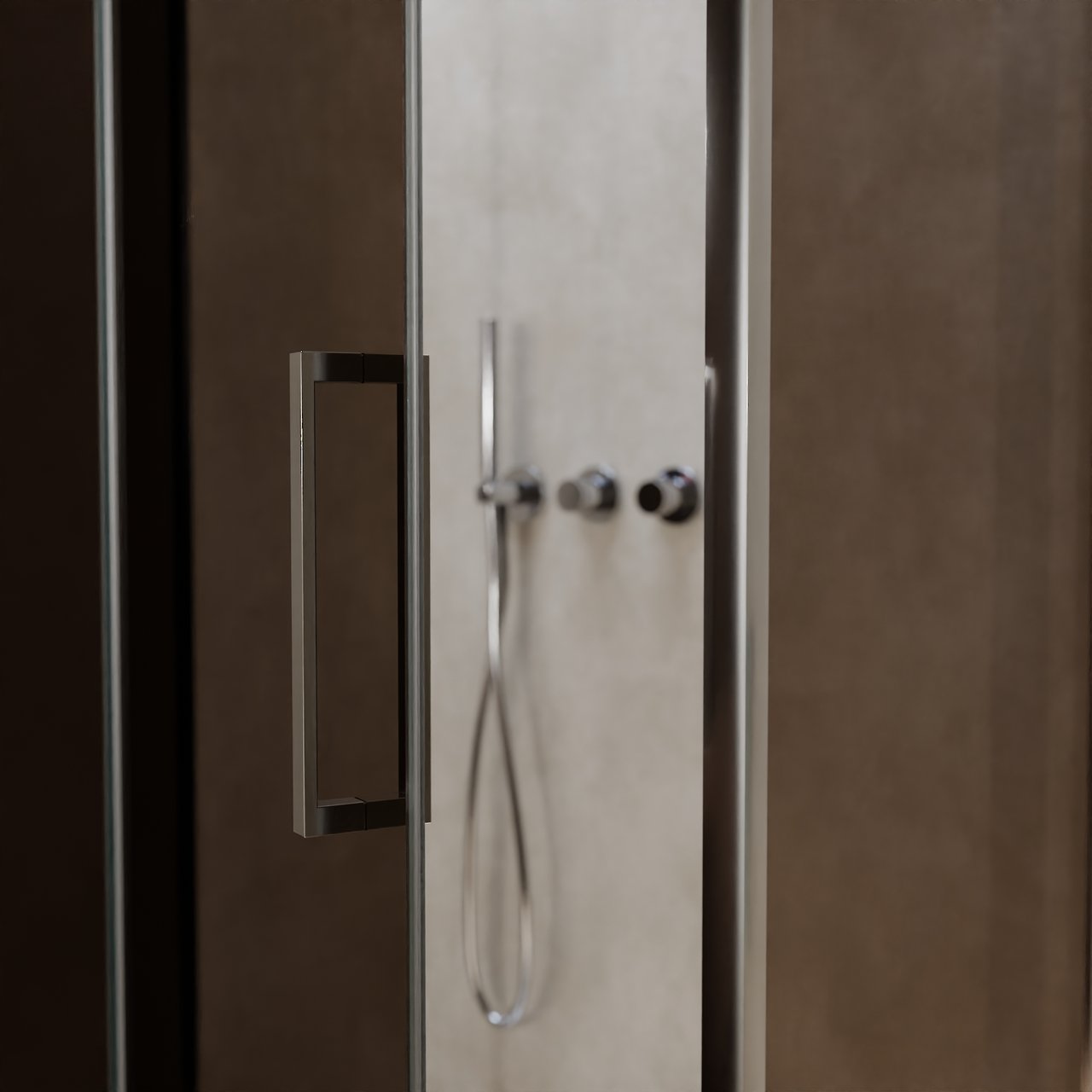 Balmani Senses Design douche en coin avec porte pivotante à gauche et paroi latérale fixe, 100 x 100 cm, Bronze, Profil chrome, coating inclus
