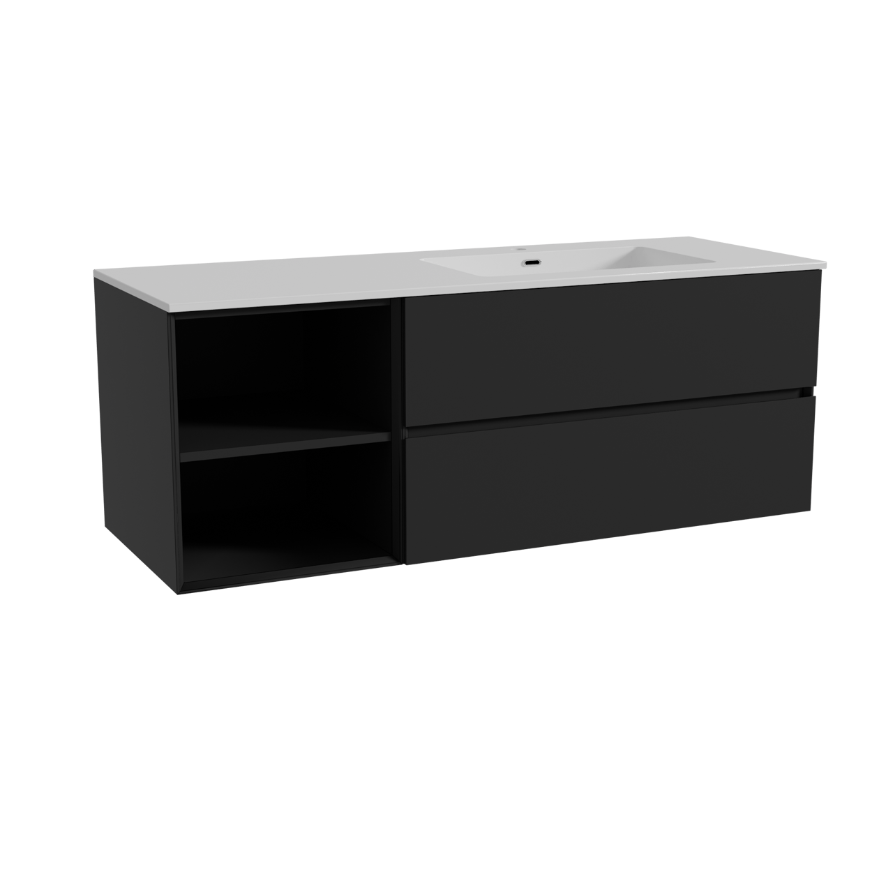 Storke Edge meuble salle de bains suspendu 140 x 52 cm noir mat avec Diva plan vasque asymétrique à droite en marbre composite blanc brillant