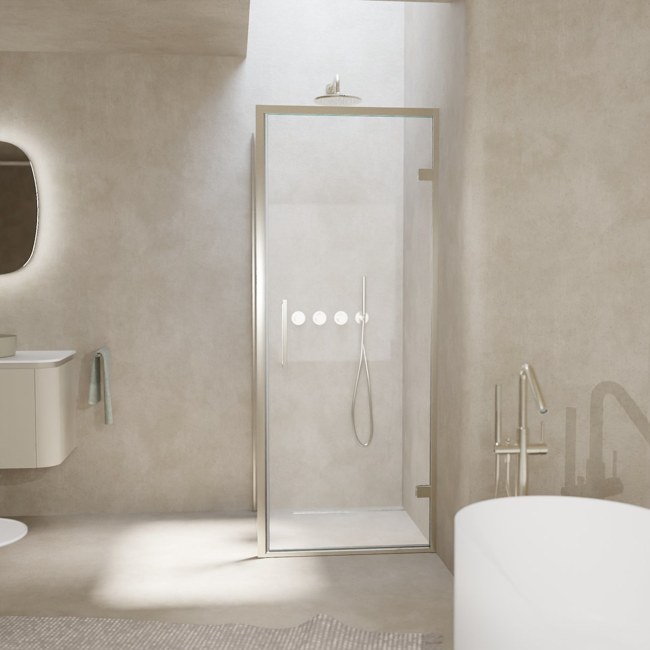 Balmani Senses Design douchehoek met rechtse draaideur en vaste zijwand, 90 x 70 cm, Helder glas, Brushed CoolMetal profielen, met coating