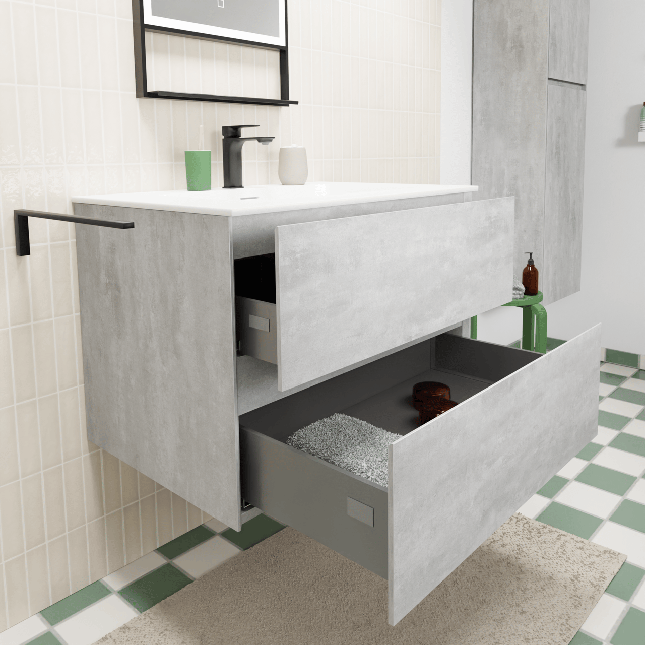 Storke Edge zwevend badkamermeubel 75 x 52 cm beton donkergrijs met Mata enkele wastafel in solid surface mat wit