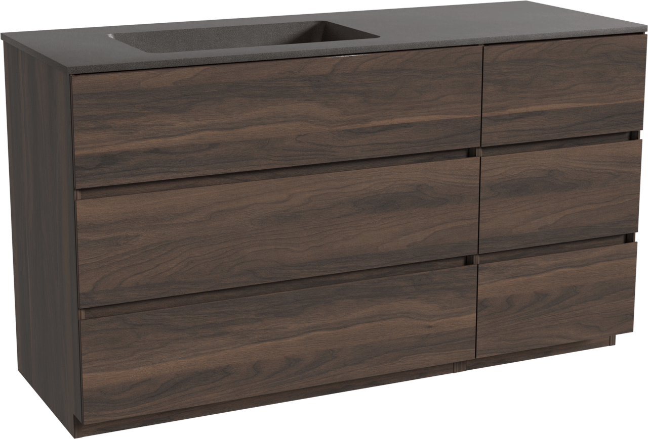 Storke Edge staand badkamermeubel 140 x 52 cm notelaar met Scuro asymmetrisch linkse wastafel in kwarts mat zwart