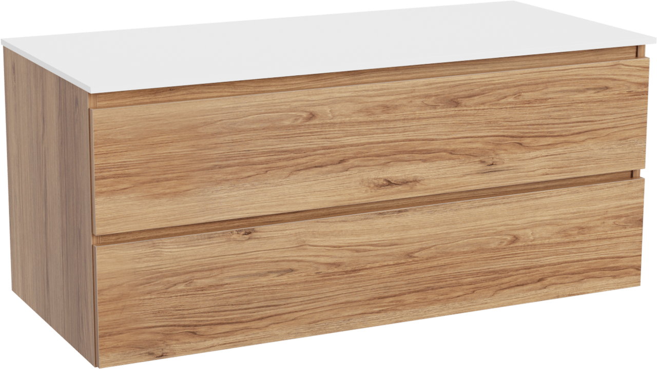 Balmani Lucida hängendes Möbelstück Set: 120 x 55 cm, Teak, mit Stretto Einzel- oder Doppel Waschtischplatte, Solid Surface Weiß matt