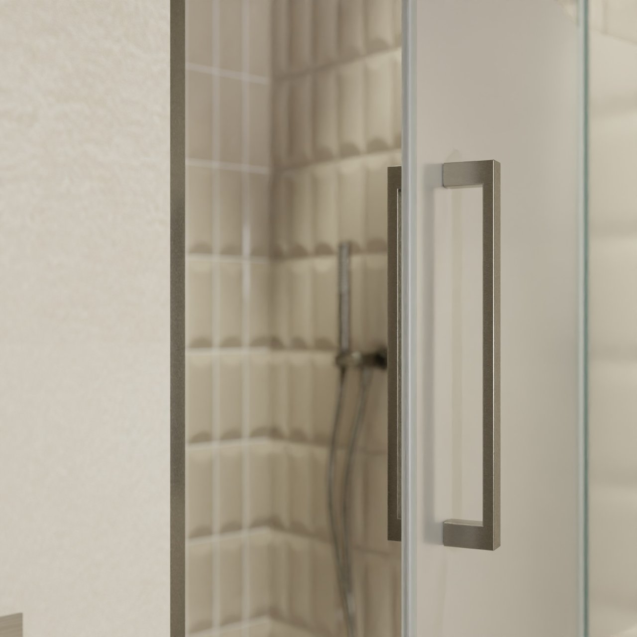 Balmani Senses Design Dusche Drehtür, Rechts, 100 cm x 210 cm, Klarglas mit mattiertem Streifen, Profil Brushed GunMetal