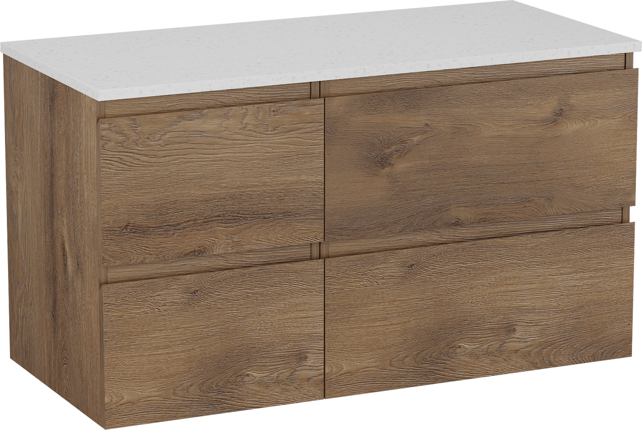 Linie Lado zwevend badkamermeubel 100 x 46 cm bruine eik met Lado enkel of dubbel tablet in melamine terrazzo wit