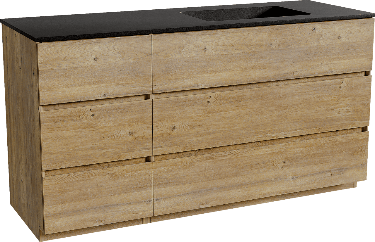Storke Edge meuble salle de bains à poser 150 x 52 cm chêne brut avec Scuro plan vasque asymétrique à droite en quartz noir mat