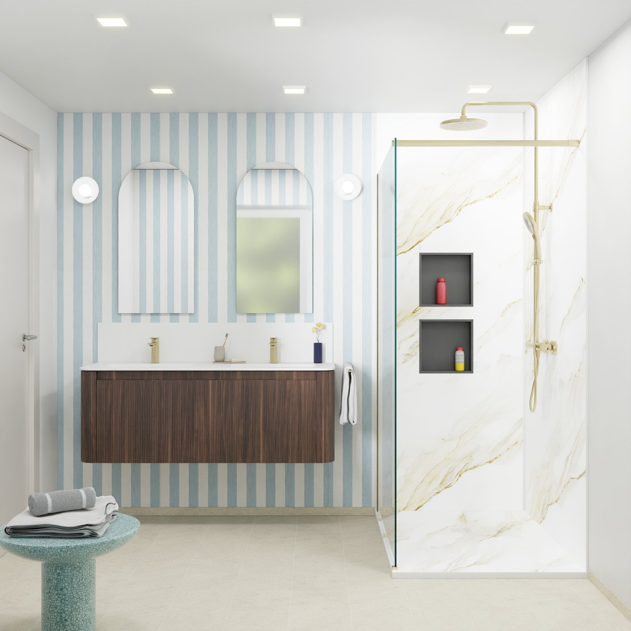 Storke Soft meuble salle de bains suspendu 140 x 46 cm noyer avec Mata Soft double vasque en Solid Surface blanc mat, Nervure droite symétrique verticale
