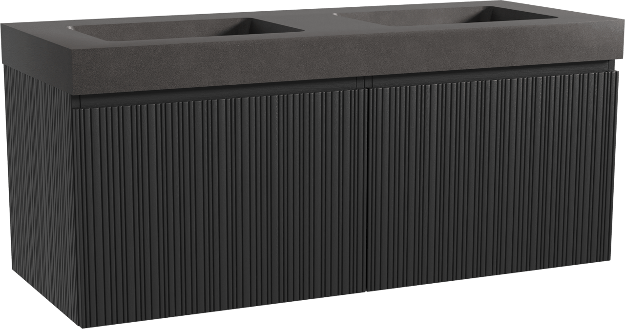 Storke Ribs zwevend badmeubel 130 x 52 cm zwart eiken met Scuro High dubbele wastafel in kwarts mat zwart, Verticale asymmetrische rechte ribbel