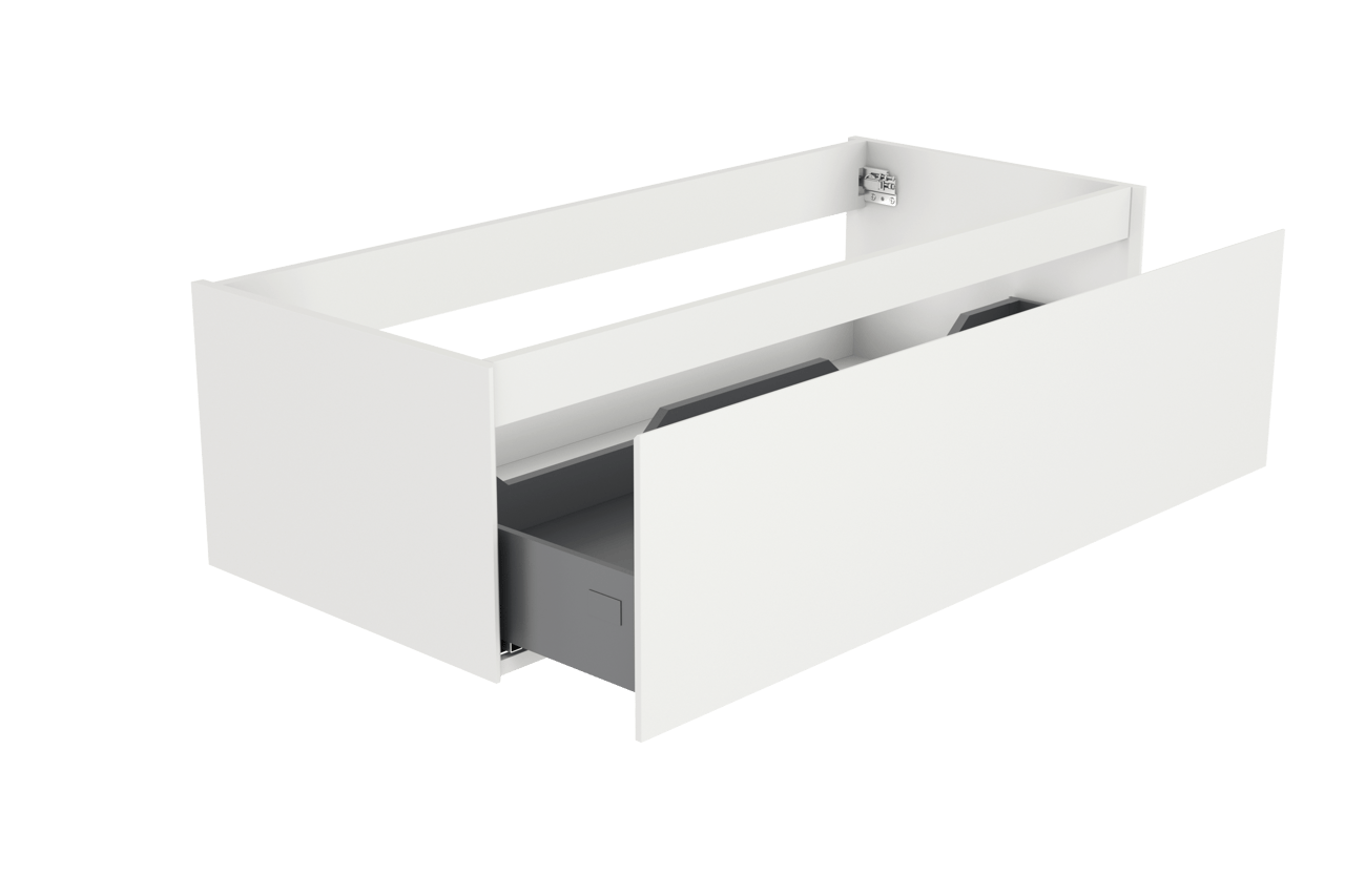 Storke Edge hängender Waschbeckenunterschrank: 120 x 52 cm, Weiß matt, 1 Schublade, 2 Siphonaussparungen