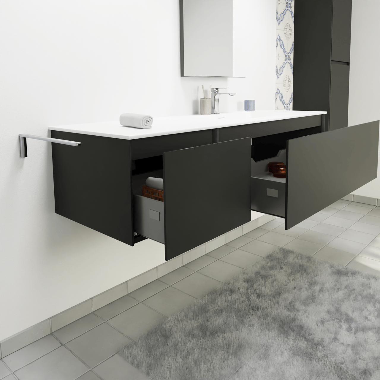 Storke Edge zwevend badkamermeubel 150 x 52 cm mat zwart met Mata asymmetrisch rechtse wastafel in solid surface mat wit