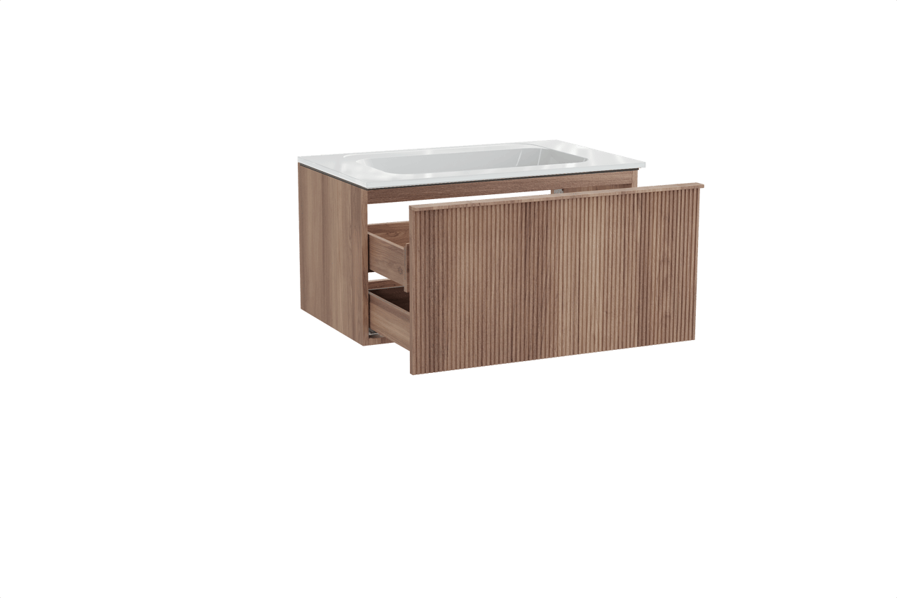 Balmani Forma hängendes Möbelstück Set: 90 x 55 cm, Teak, mit Tablo Strada Einzelwaschtisch, Marmorkomposit, Weiß glänzend, Vertikale symmetrische gerade Rippe