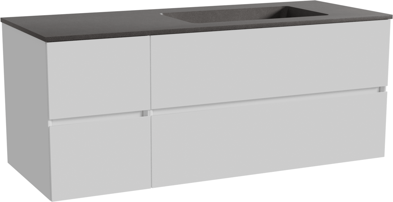 Storke Edge zwevend badmeubel 130 x 52 cm hoogglans wit met Scuro asymmetrisch rechtse wastafel in kwarts mat zwart