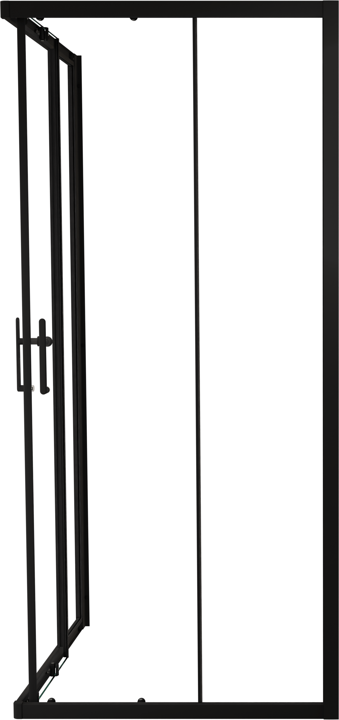 Linie Cadiz coin douche avec entrée d'angle avec double porte coulissante 90 x 90 cm Verre transparent profil noir mat