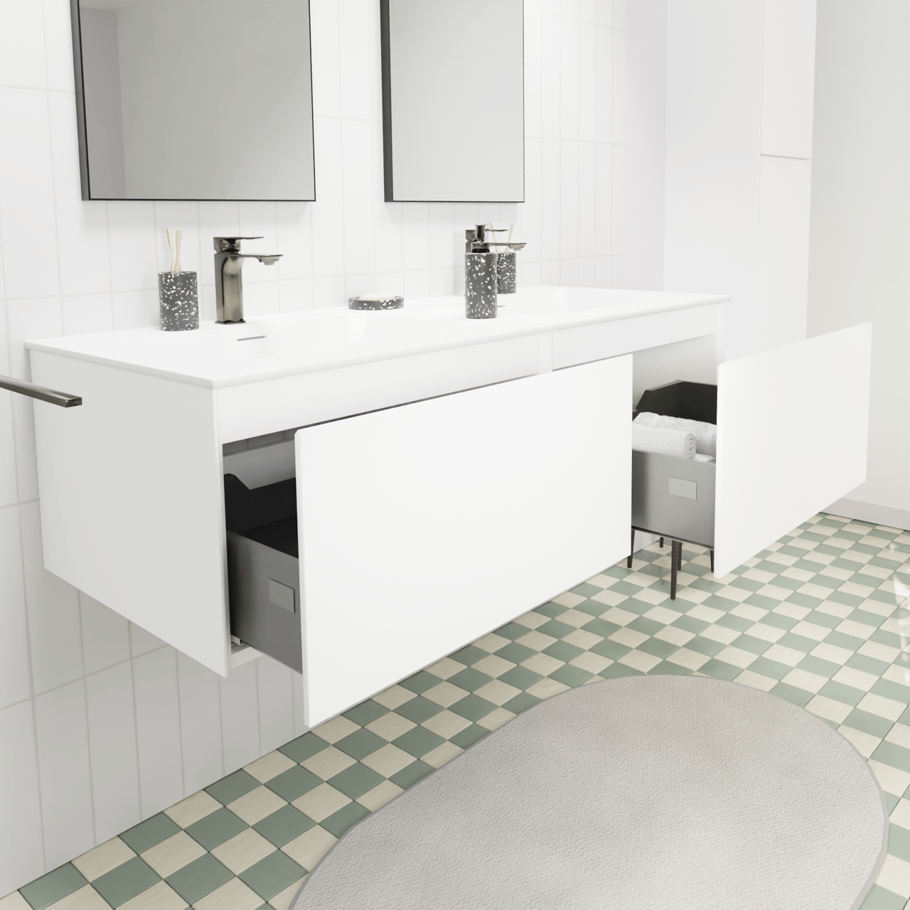Storke Edge zwevend badkamermeubel 130 x 52 cm mat wit met Mata dubbele wastafel in solid surface mat wit
