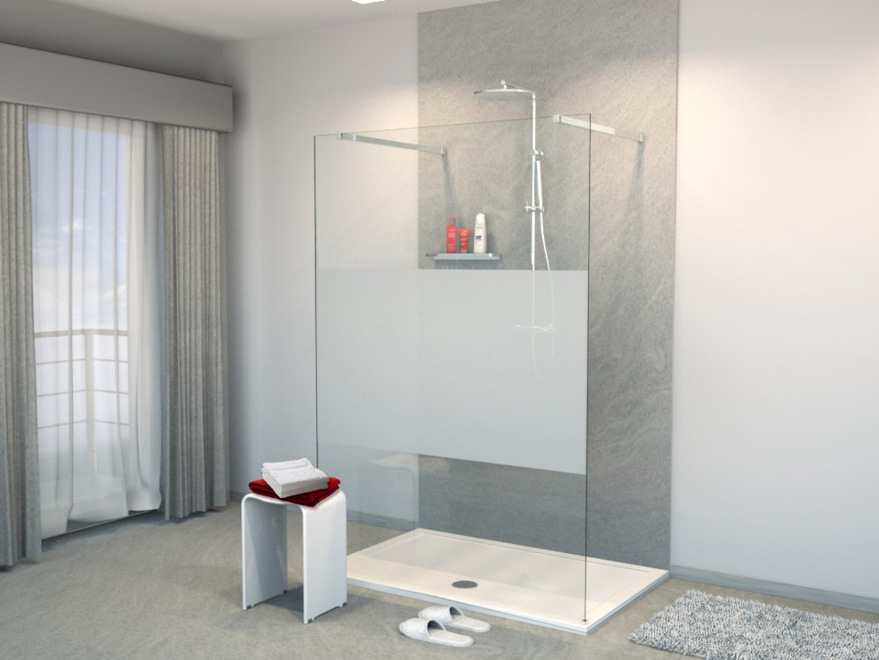 Balmani Modular douche à l'italienne avec paroi autoportante 140 x 200 cm verre transparent avec bande matte profil chrome brillant