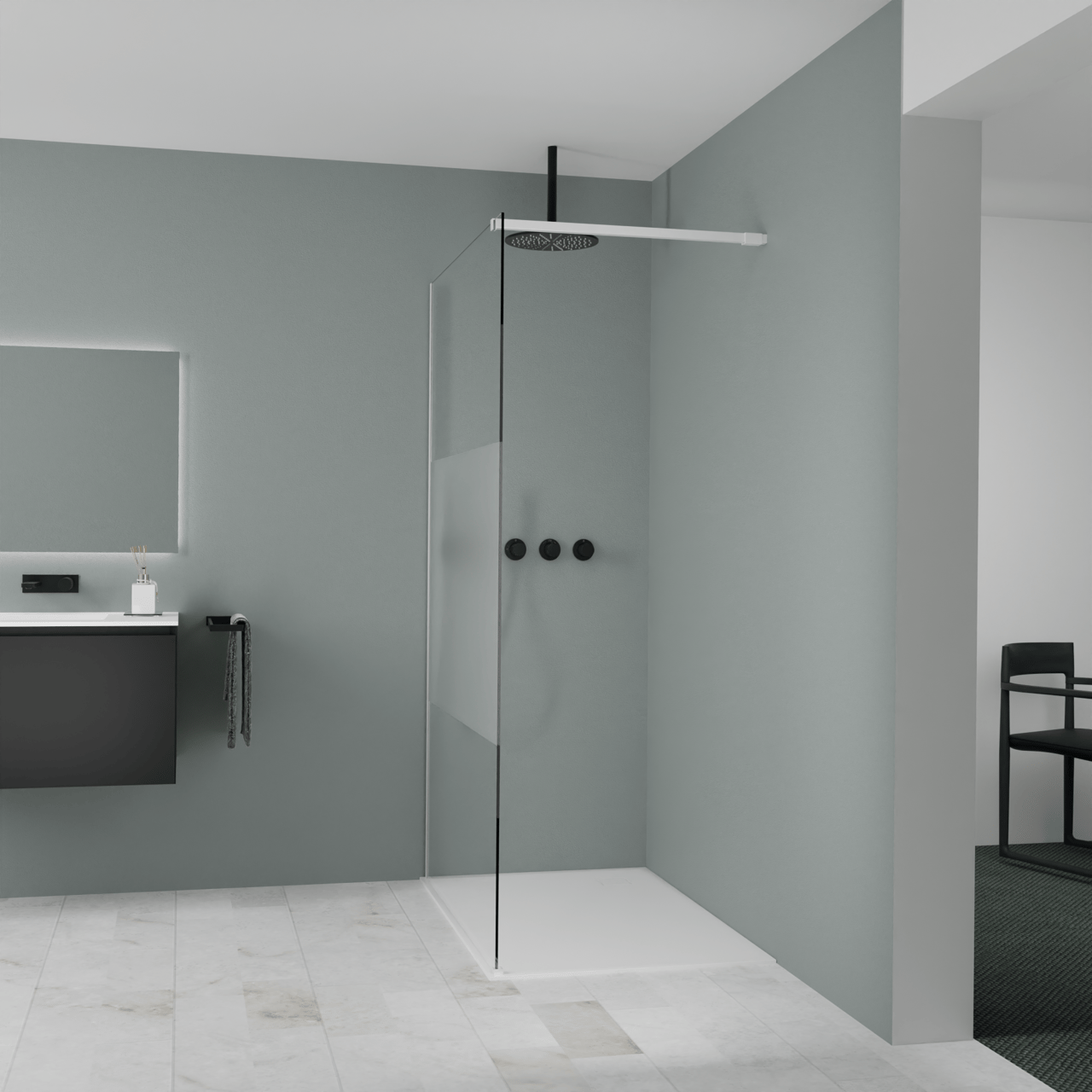 Balmani Modular inloopdouche: 120 x 200 cm, Helder glas met matte strook, Mat witte profielen