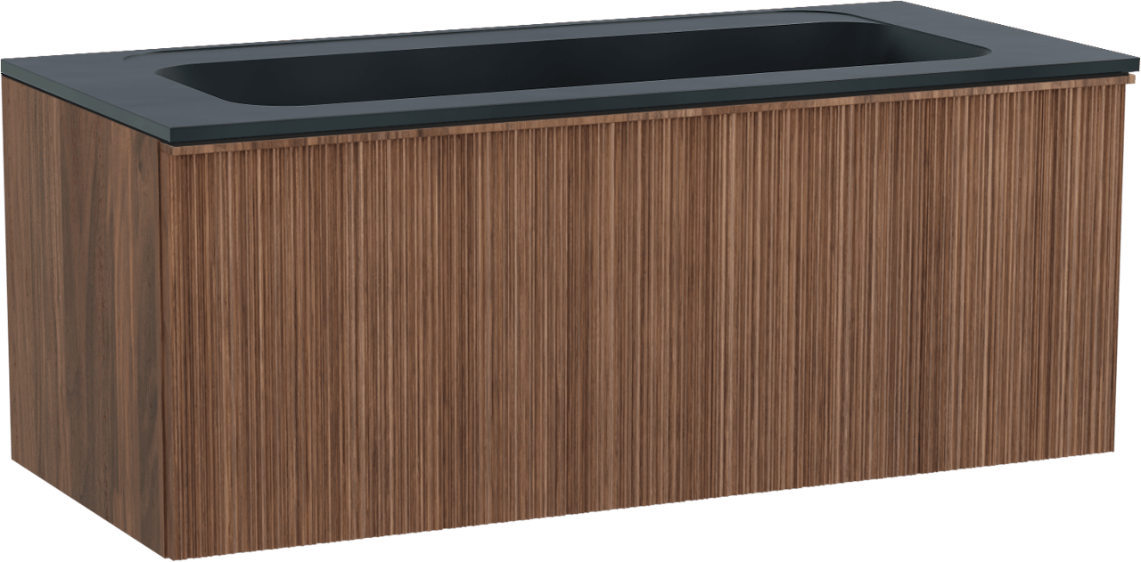 Balmani Forma meuble salle de bains suspendu 120 x 55 cm noyer américain avec Tablo Strada lavabo simple pour 2 trous de robinet en marbre composite noir mat, Nervure circulaire asymétrique verticale