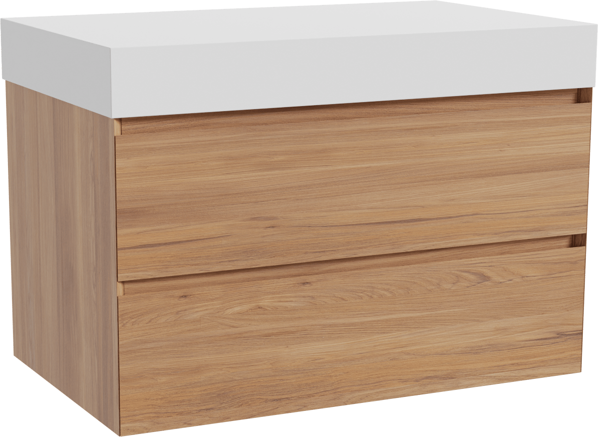 Balmani Mitra zwevend badkamermeubel 90 x 55 cm teak met Dominus enkel tablet in solid surface mat wit
