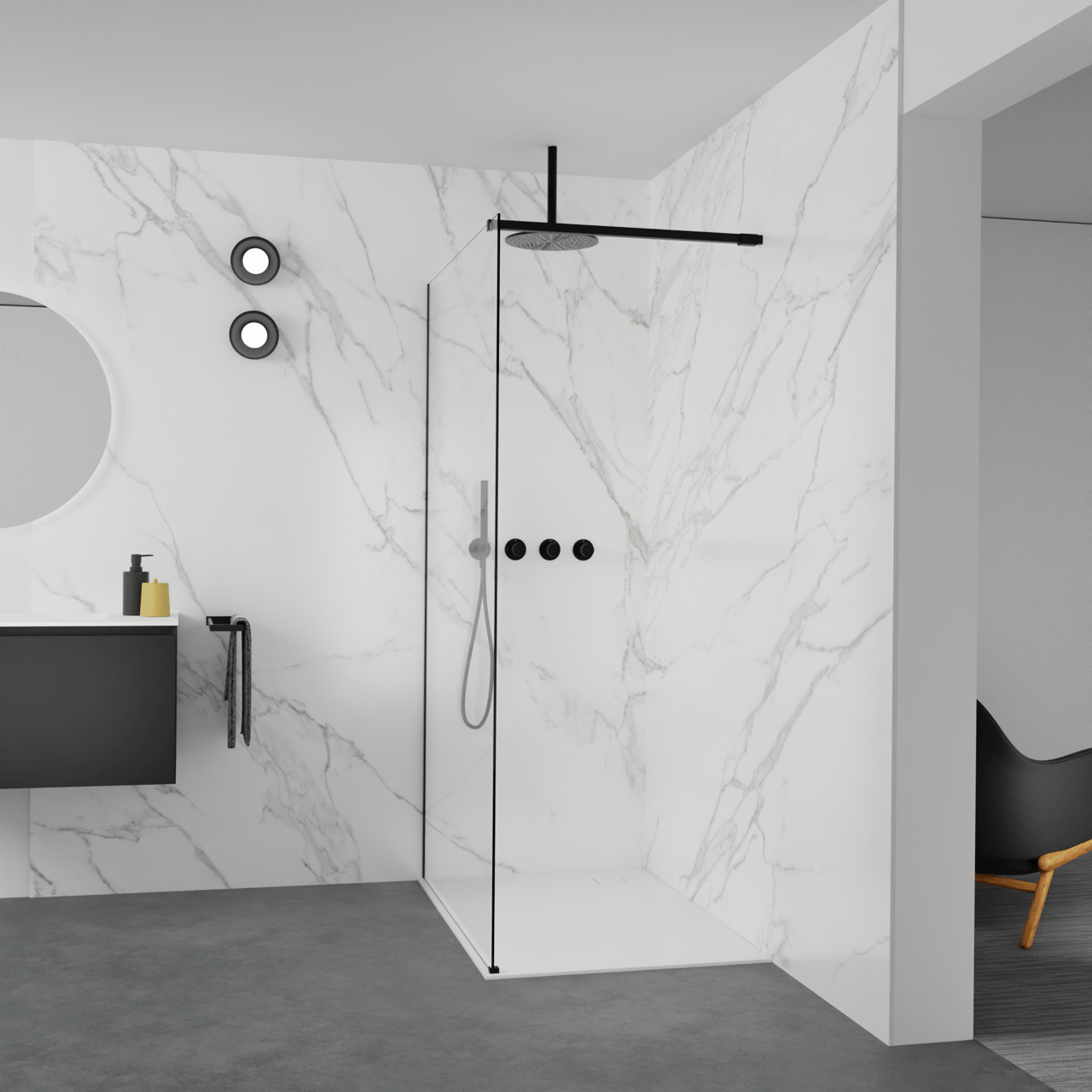 Balmani Modular douche à l'italienne: 120 x 200 cm, Verre transparent, avec coating, Profil Noir mat